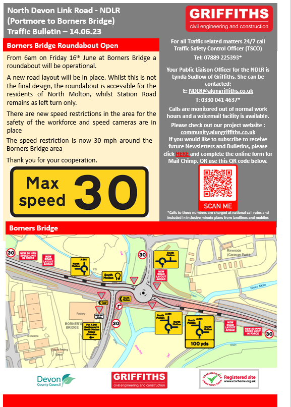 Information detailing road changes at Bonners Bridge on A361