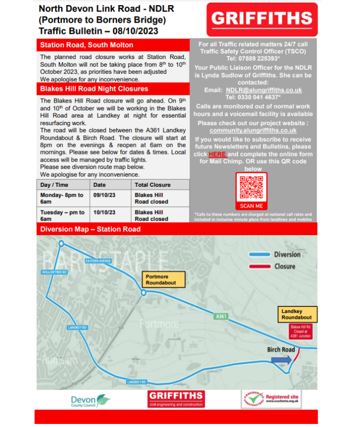 Announcement about change in road closure planned on A361