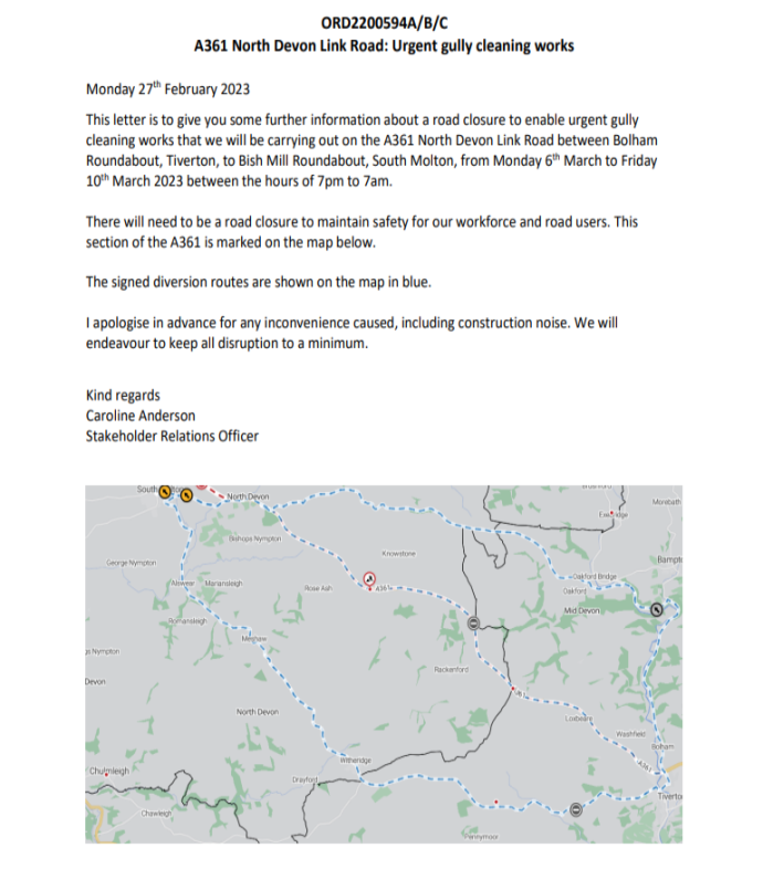 Information about A361 road closure