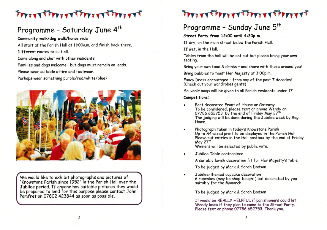 Programme of events for Knowstone jubilee weekend 