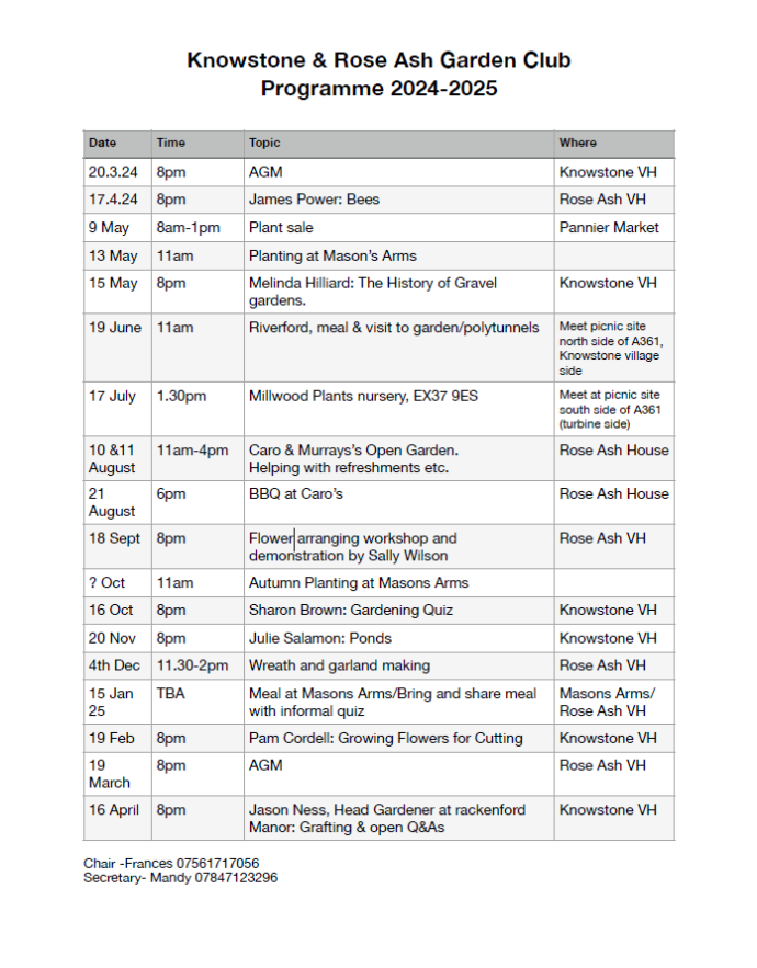 Details of all the events on the Knowstone and Rose Ash Gardening Club programme 