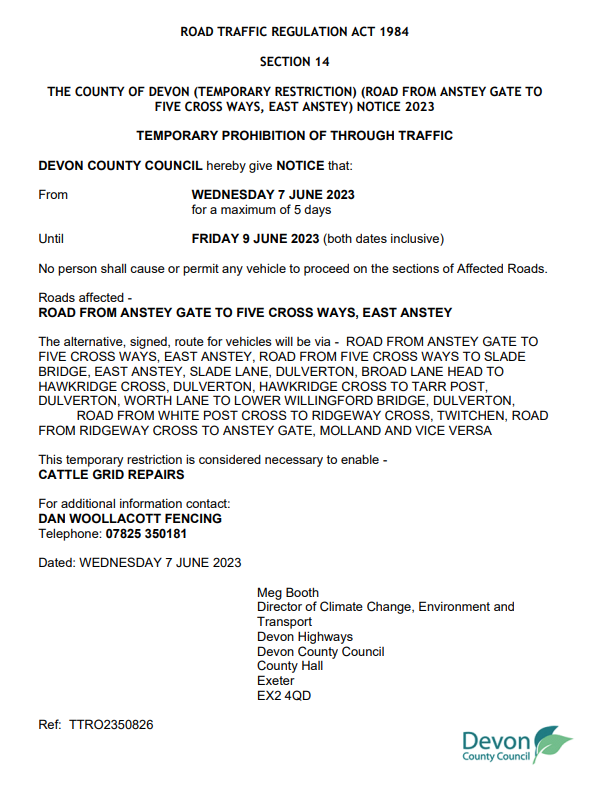 Road from Anstey Gate to Five Cross Ways will be closed from Weds 7th June to Friday 9th June for manhole repairs