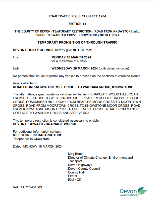 Details of a road closure from 18th to 20th March from Knowstone Mill to Wadham