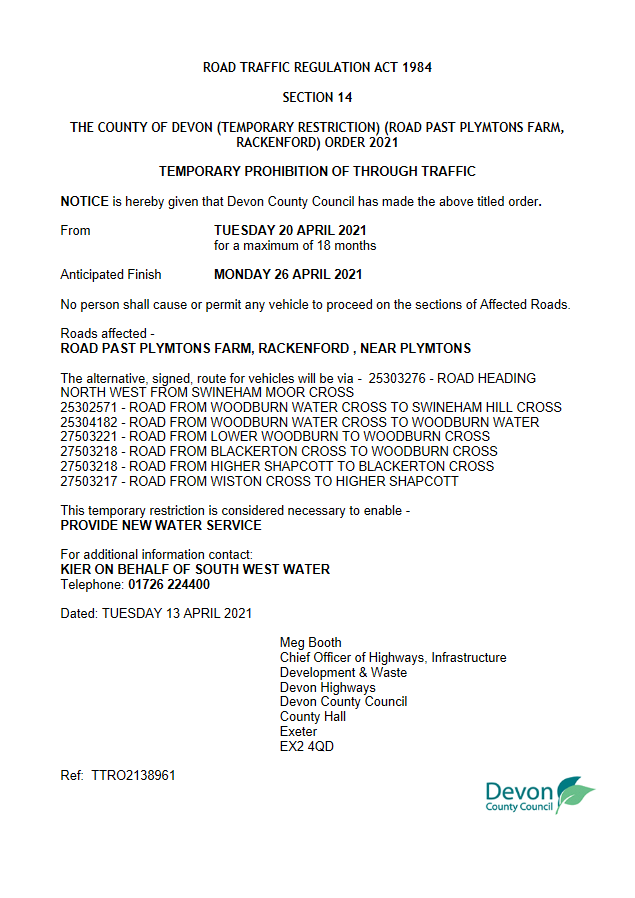 Details of a road closure at Plymptons farm