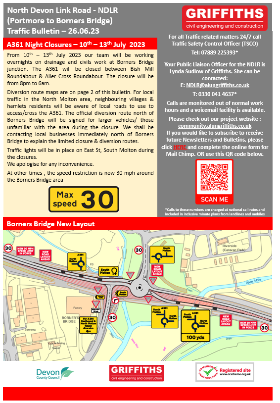 Road closures at North Molton roundabout