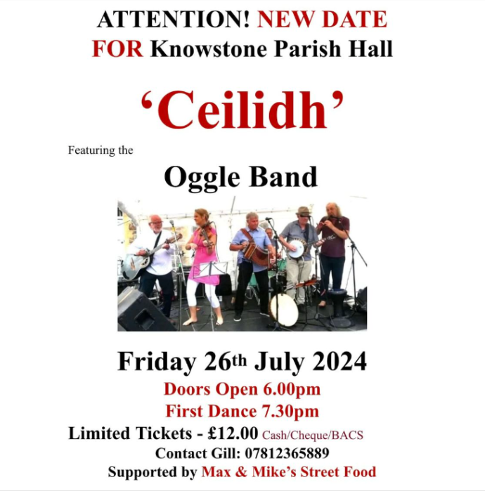 Poster advertising a Ceilidh on 26th July at the Parish Hall