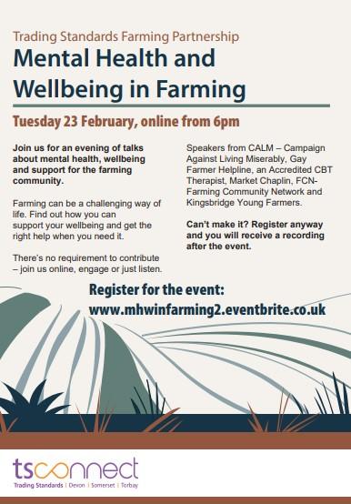 Poster detailing mental health webinar run by Trading Standards and focusing on the farming community 
